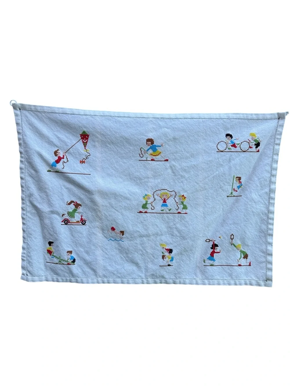 Vintage Hand Embroidered Children’s Playtime Textile/Café Curtain 29.5”x20”